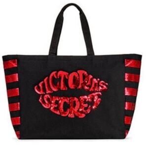 VICTORIA'S SECRET Black Tote Red Sequin Lips NEW